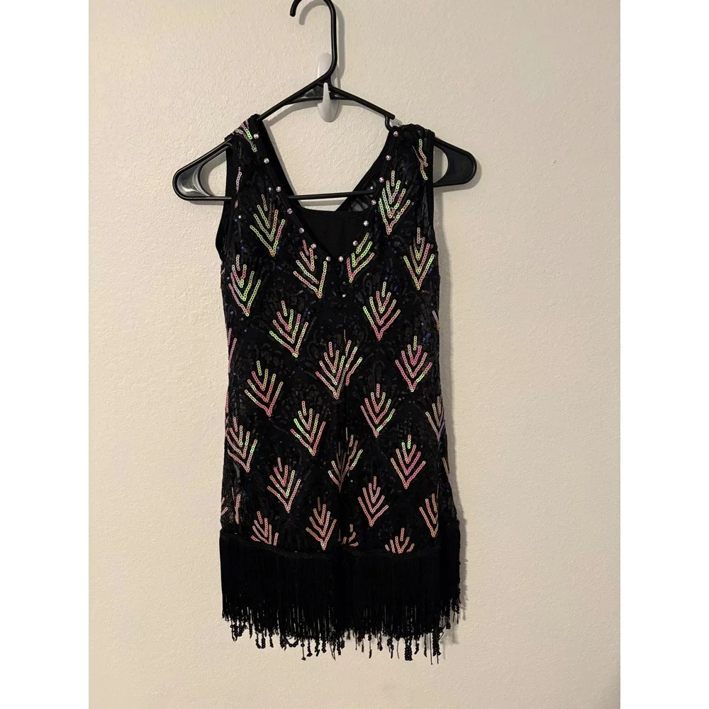 Weissman LC Black Iridescent Sequin Fringe Flapper Dance Costume